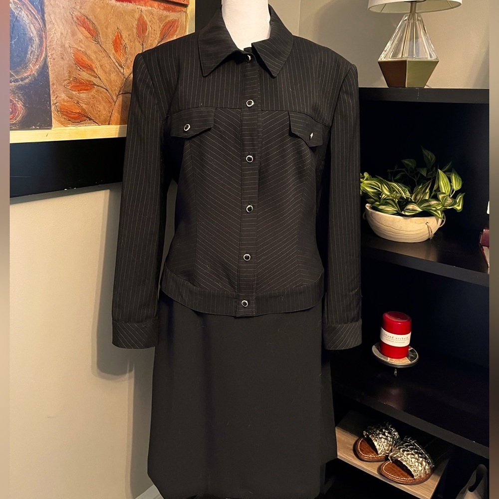 St. John Black Pinstripe Skirt Suit Griffith and Gray, Made in Italy